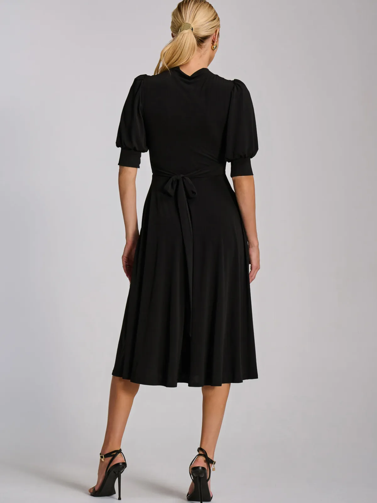 Jolie Moi Occasion Dresses|Jersey Dresses-Tie Neck Puffy Sleeve Jersey Midi Dress, Black