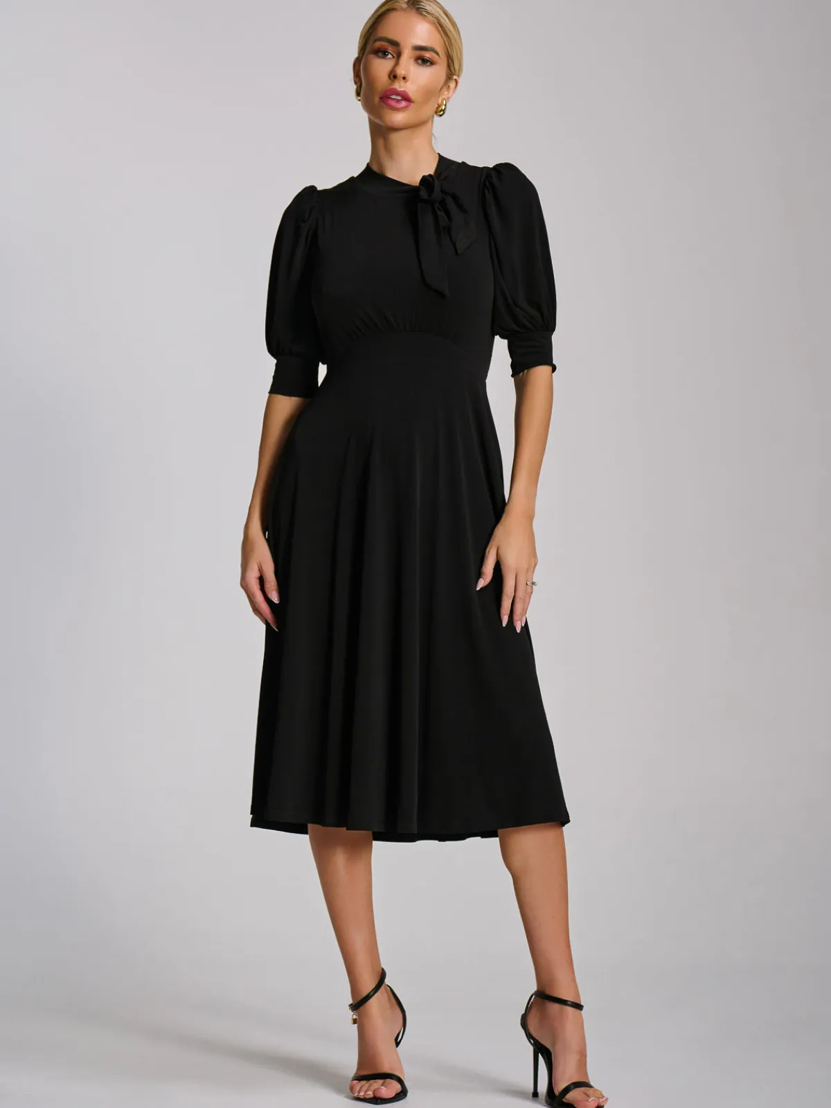 Jolie Moi Occasion Dresses|Jersey Dresses-Tie Neck Puffy Sleeve Jersey Midi Dress, Black