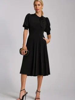 Jolie Moi Occasion Dresses|Jersey Dresses-Tie Neck Puffy Sleeve Jersey Midi Dress, Black
