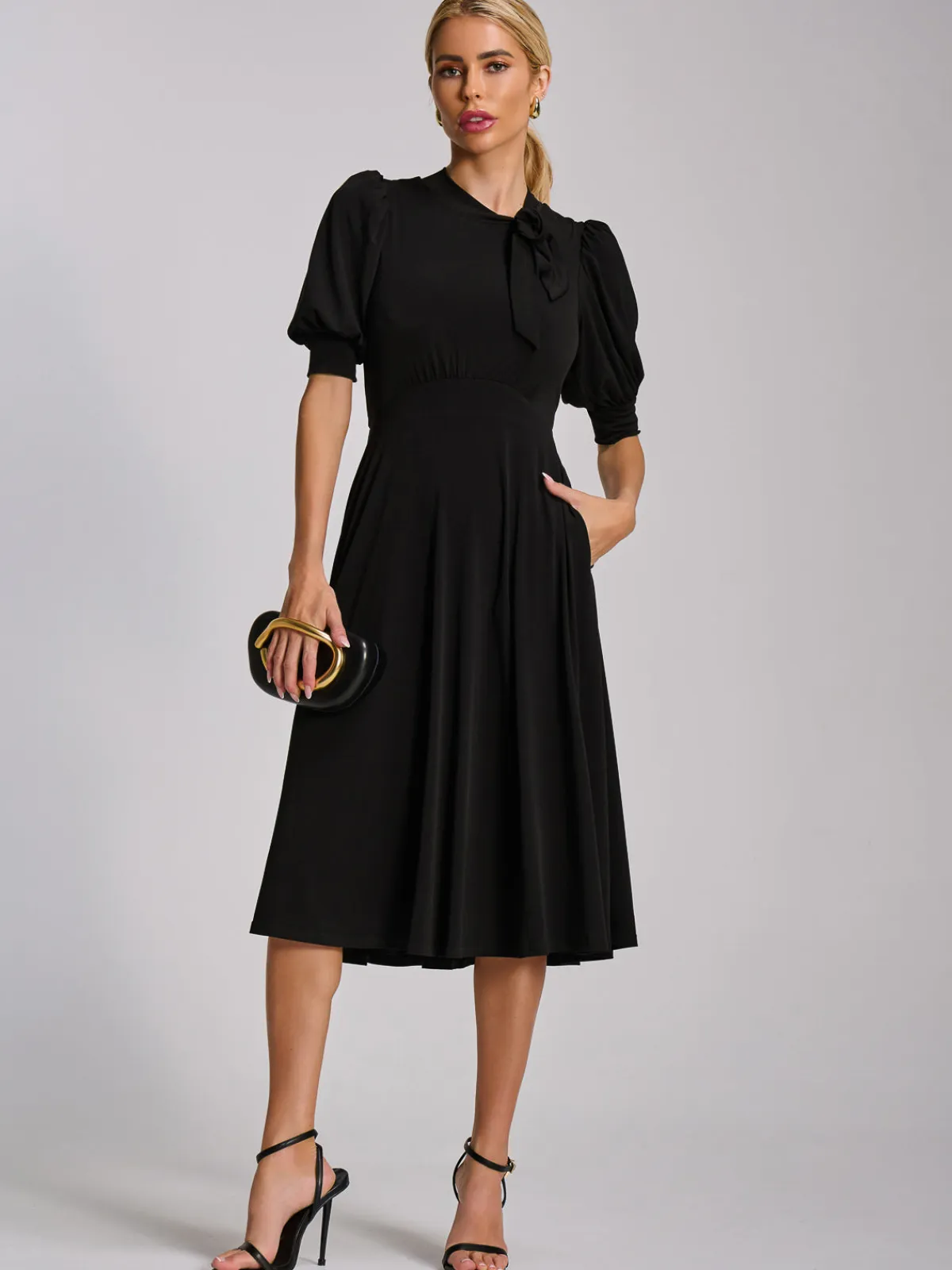 Jolie Moi Occasion Dresses|Jersey Dresses-Tie Neck Puffy Sleeve Jersey Midi Dress, Black