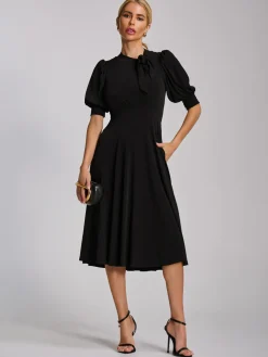 Jolie Moi Occasion Dresses|Jersey Dresses-Tie Neck Puffy Sleeve Jersey Midi Dress, Black