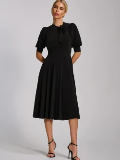 Jolie Moi Occasion Dresses|Jersey Dresses-Tie Neck Puffy Sleeve Jersey Midi Dress, Black