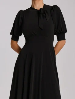 Jolie Moi Occasion Dresses|Jersey Dresses-Tie Neck Puffy Sleeve Jersey Midi Dress, Black