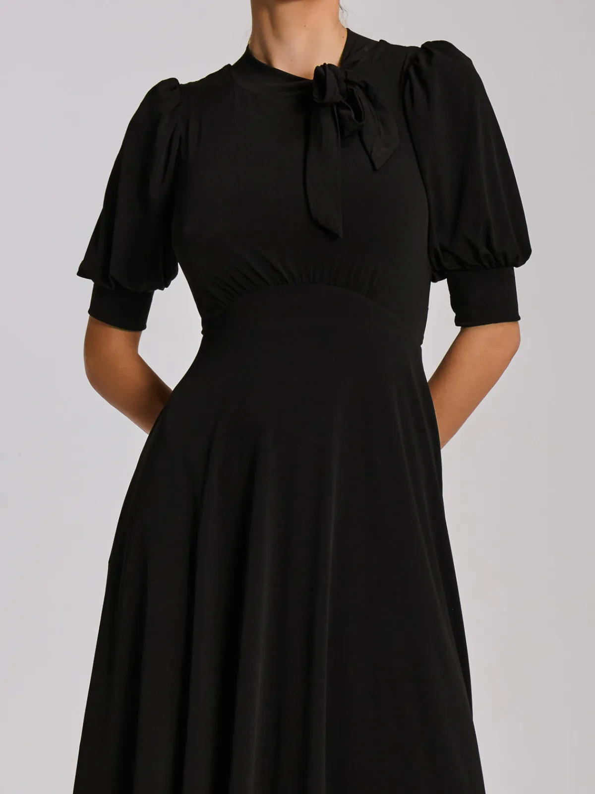 Jolie Moi Occasion Dresses|Jersey Dresses-Tie Neck Puffy Sleeve Jersey Midi Dress, Black
