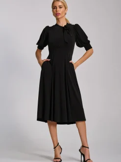 Jolie Moi Occasion Dresses|Jersey Dresses-Tie Neck Puffy Sleeve Jersey Midi Dress, Black