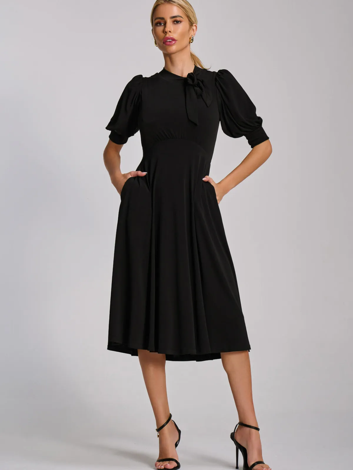 Jolie Moi Occasion Dresses|Jersey Dresses-Tie Neck Puffy Sleeve Jersey Midi Dress, Black