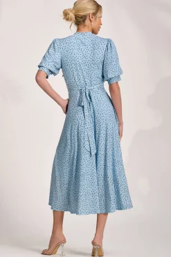 Jolie Moi Occasion Dresses|Wedding Guest-Tie Neck Puffy Sleeve Jersey Midi Dress, Blue Spot