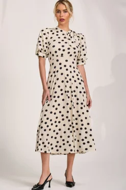 Jolie Moi Occasion Dresses|Jersey Dresses-Tie Neck Puffy Sleeve Jersey Midi Dress, Cream Spot