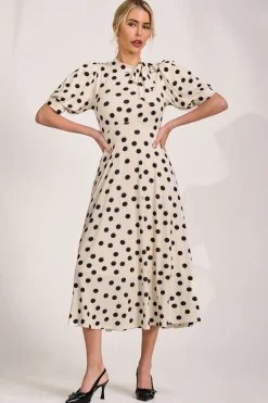 Jolie Moi Occasion Dresses|Jersey Dresses-Tie Neck Puffy Sleeve Jersey Midi Dress, Cream Spot