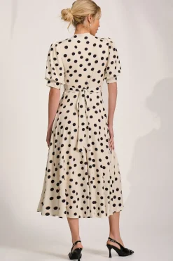 Jolie Moi Occasion Dresses|Jersey Dresses-Tie Neck Puffy Sleeve Jersey Midi Dress, Cream Spot