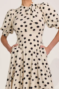 Jolie Moi Occasion Dresses|Jersey Dresses-Tie Neck Puffy Sleeve Jersey Midi Dress, Cream Spot
