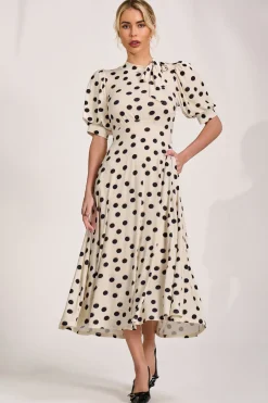 Jolie Moi Occasion Dresses|Jersey Dresses-Tie Neck Puffy Sleeve Jersey Midi Dress, Cream Spot