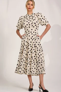 Jolie Moi Occasion Dresses|Jersey Dresses-Tie Neck Puffy Sleeve Jersey Midi Dress, Cream Spot