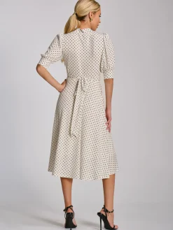 Jolie Moi Occasion Dresses|Jersey Dresses-Tie Neck Puffy Sleeve Jersey Midi Dress, White Polka Dot