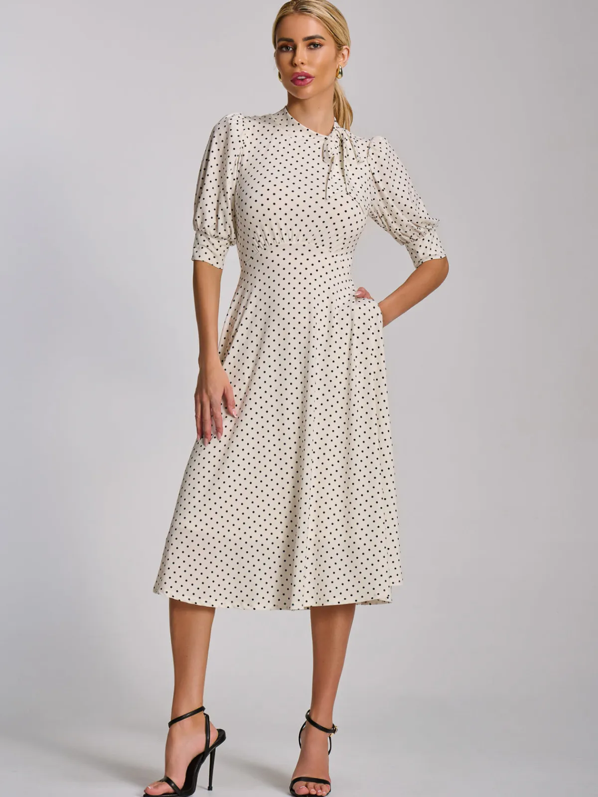Jolie Moi Occasion Dresses|Jersey Dresses-Tie Neck Puffy Sleeve Jersey Midi Dress, White Polka Dot