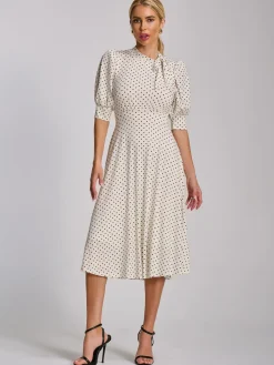 Jolie Moi Occasion Dresses|Jersey Dresses-Tie Neck Puffy Sleeve Jersey Midi Dress, White Polka Dot