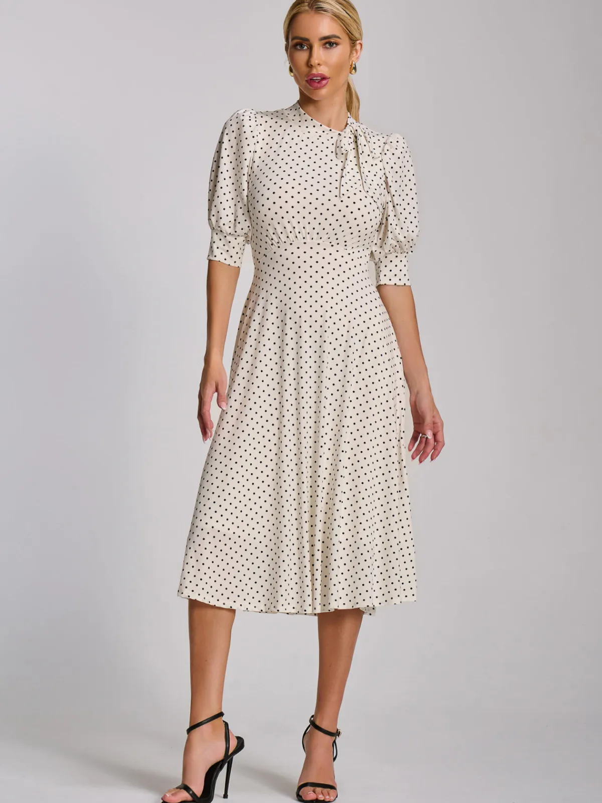 Jolie Moi Occasion Dresses|Jersey Dresses-Tie Neck Puffy Sleeve Jersey Midi Dress, White Polka Dot