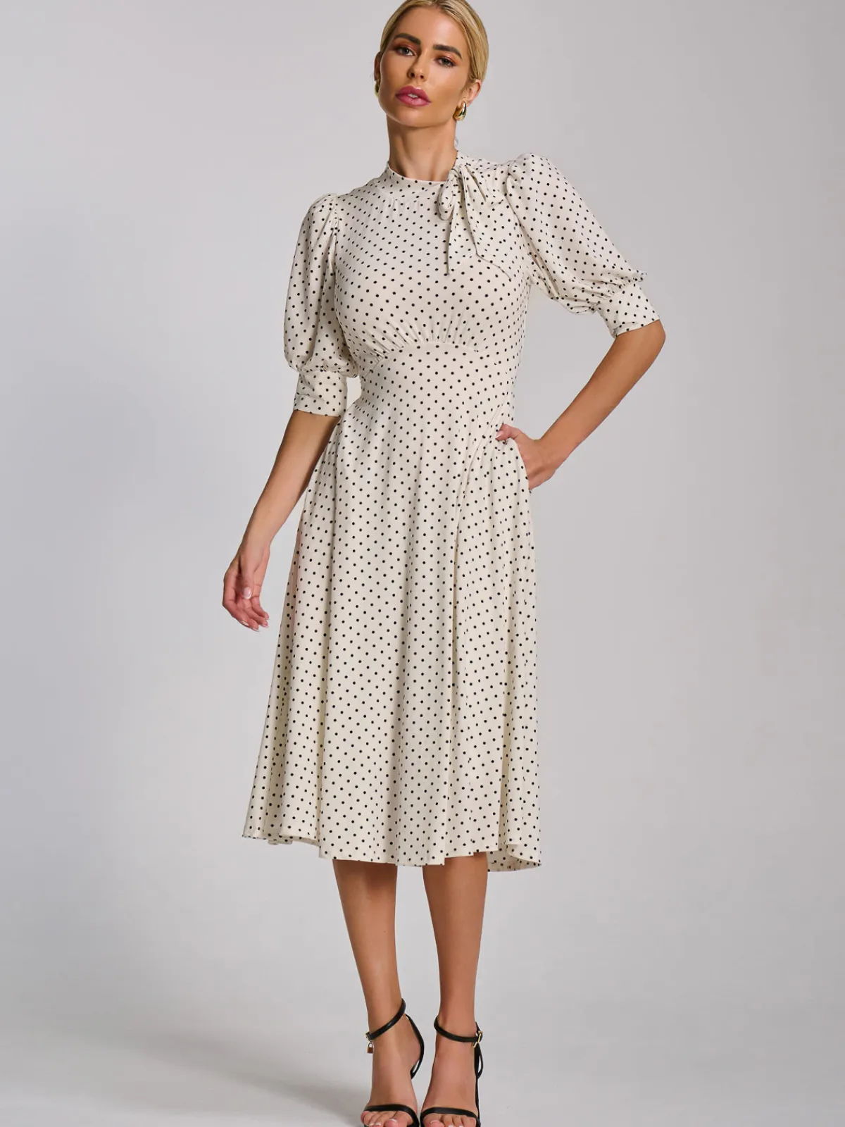 Jolie Moi Occasion Dresses|Jersey Dresses-Tie Neck Puffy Sleeve Jersey Midi Dress, White Polka Dot