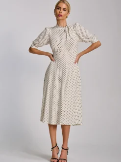 Jolie Moi Occasion Dresses|Jersey Dresses-Tie Neck Puffy Sleeve Jersey Midi Dress, White Polka Dot