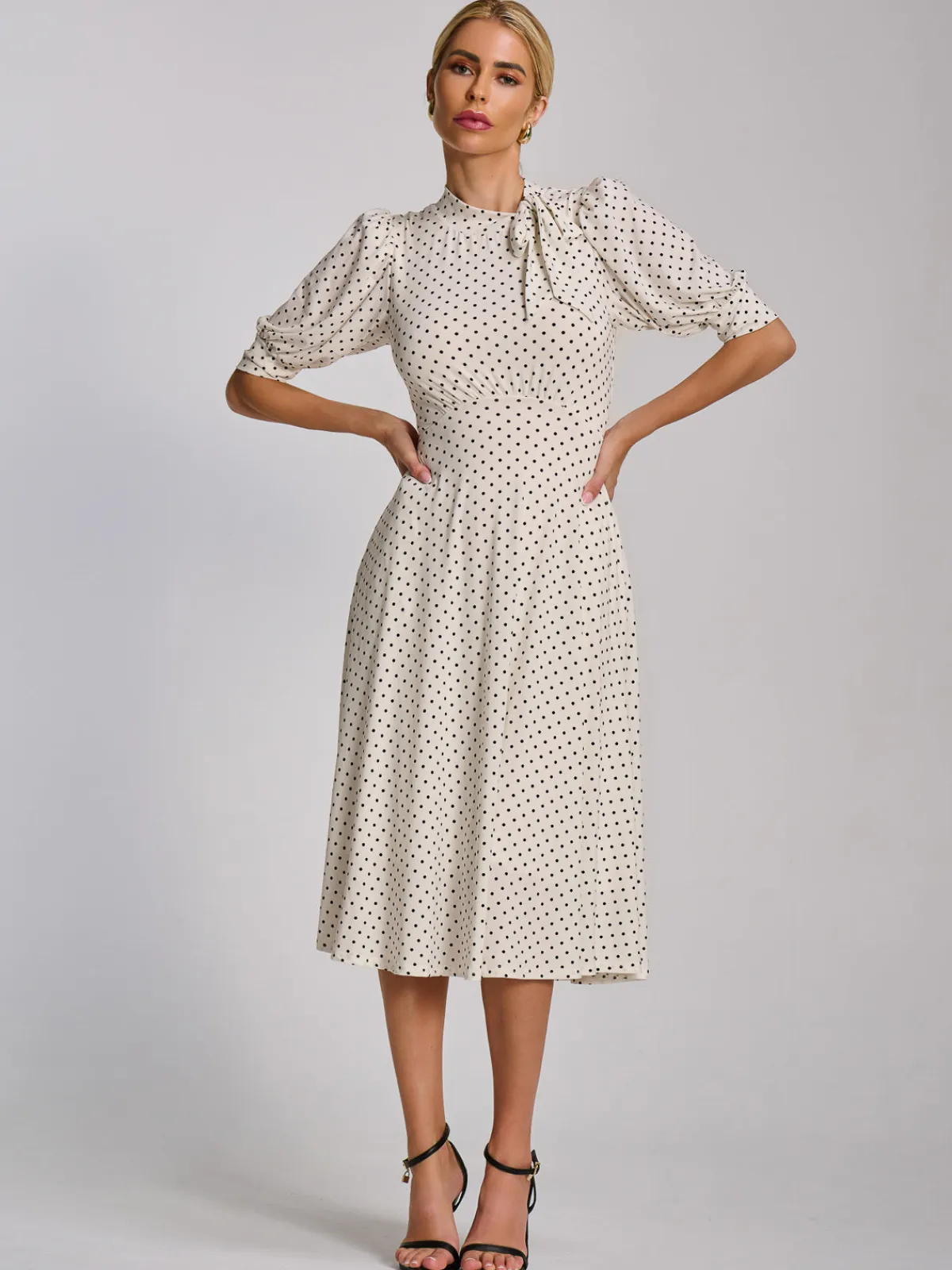Jolie Moi Occasion Dresses|Jersey Dresses-Tie Neck Puffy Sleeve Jersey Midi Dress, White Polka Dot