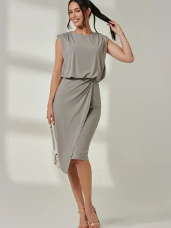 Jolie Moi Office Wear|Sleeveless Dresses-Tiered Draped Pencil Dress, Light Khaki