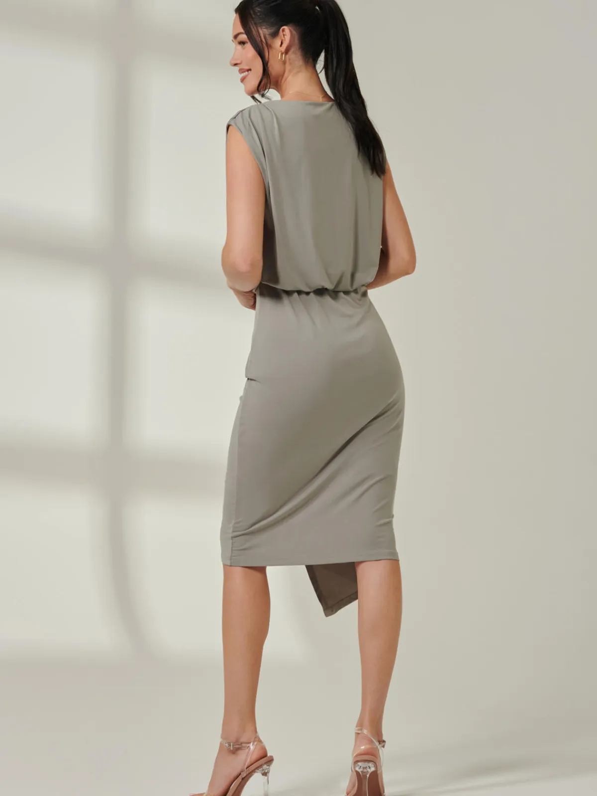 Jolie Moi Office Wear|Sleeveless Dresses-Tiered Draped Pencil Dress, Light Khaki