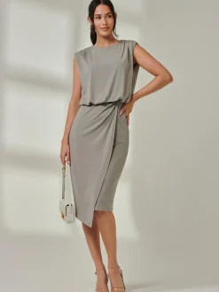 Jolie Moi Office Wear|Sleeveless Dresses-Tiered Draped Pencil Dress, Light Khaki