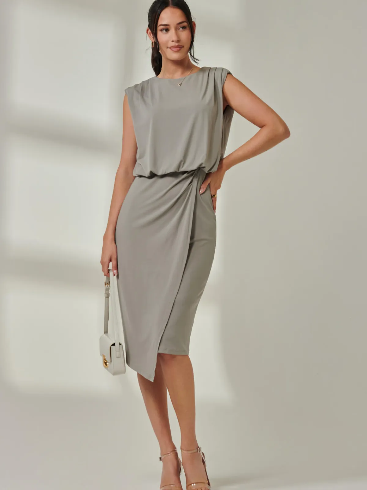 Jolie Moi Office Wear|Sleeveless Dresses-Tiered Draped Pencil Dress, Light Khaki