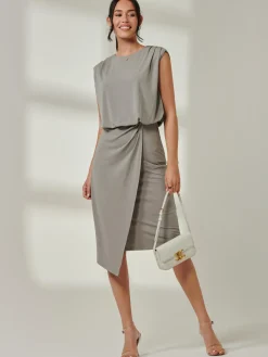 Jolie Moi Office Wear|Sleeveless Dresses-Tiered Draped Pencil Dress, Light Khaki