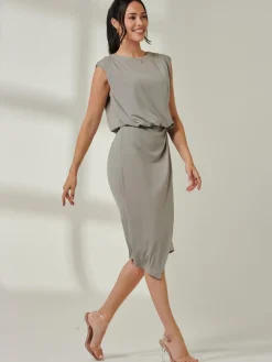 Jolie Moi Office Wear|Sleeveless Dresses-Tiered Draped Pencil Dress, Light Khaki