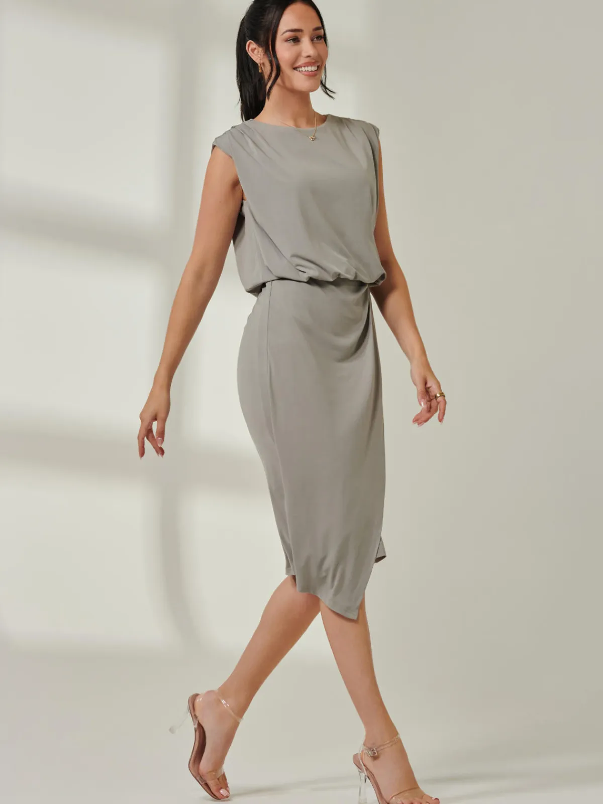 Jolie Moi Office Wear|Sleeveless Dresses-Tiered Draped Pencil Dress, Light Khaki