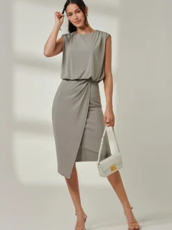 Jolie Moi Office Wear|Sleeveless Dresses-Tiered Draped Pencil Dress, Light Khaki