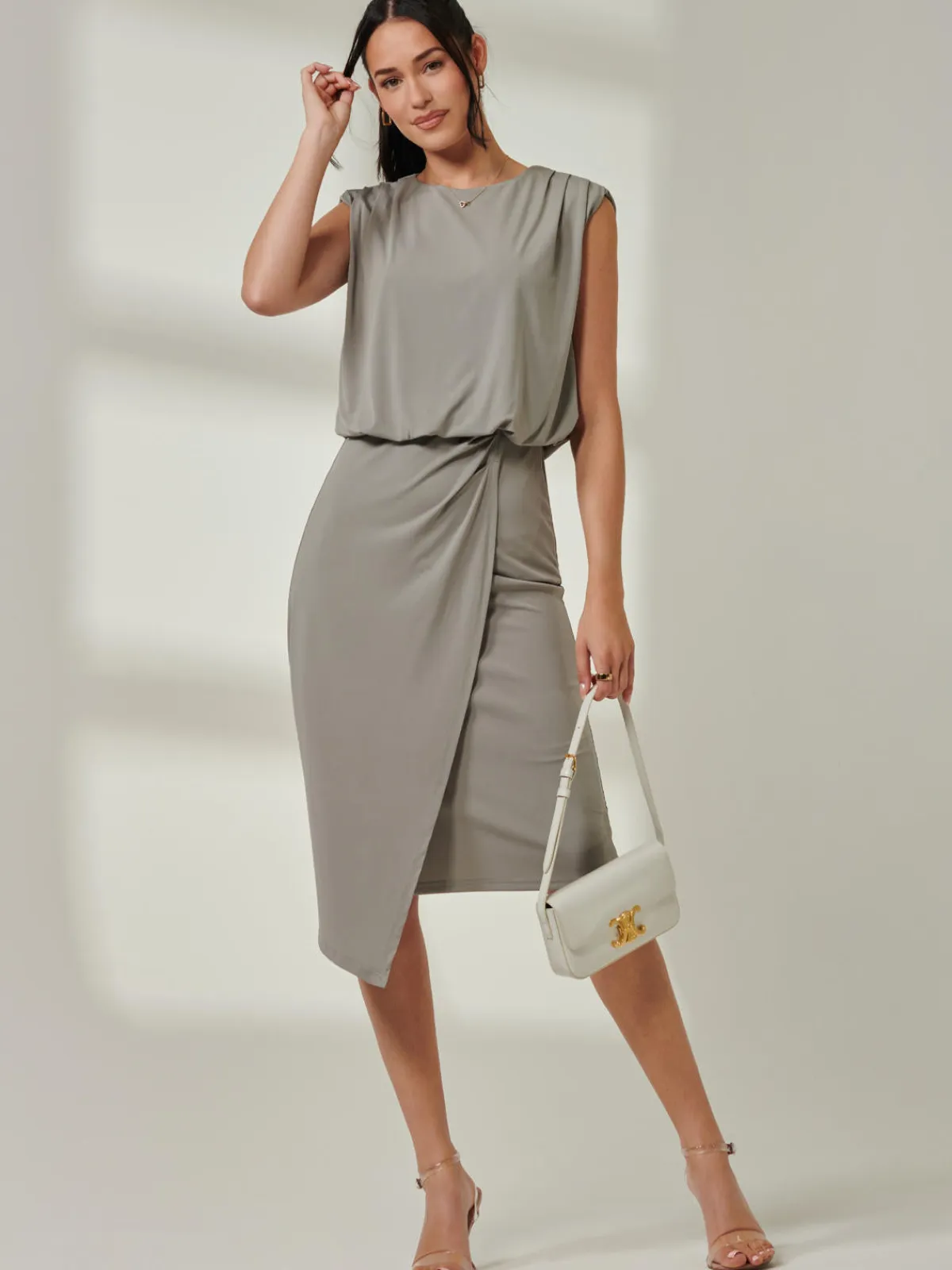 Jolie Moi Office Wear|Sleeveless Dresses-Tiered Draped Pencil Dress, Light Khaki