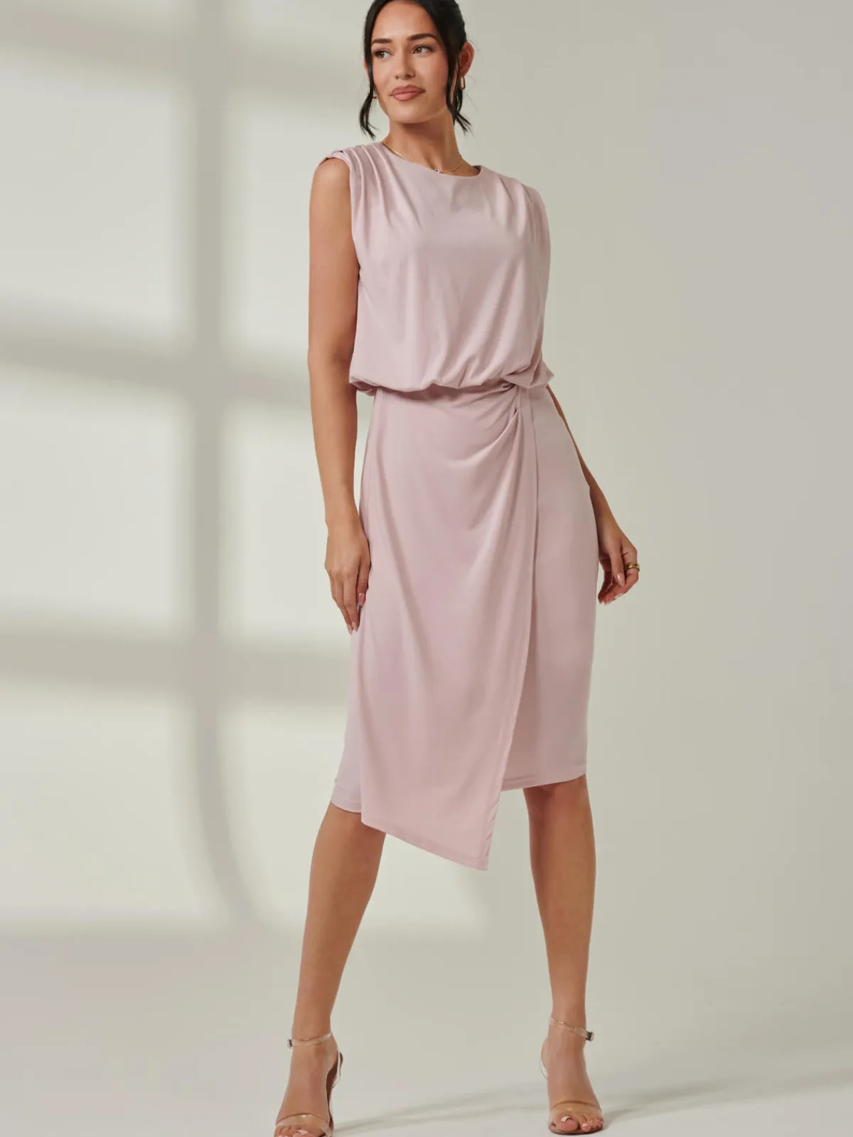 Jolie Moi Occasion Dresses|Sleeveless Dresses-Tiered Draped Pencil Dress, Light Pink