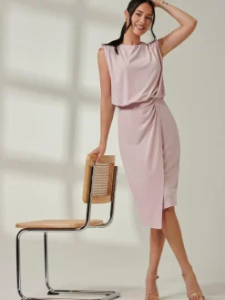 Jolie Moi Occasion Dresses|Sleeveless Dresses-Tiered Draped Pencil Dress, Light Pink
