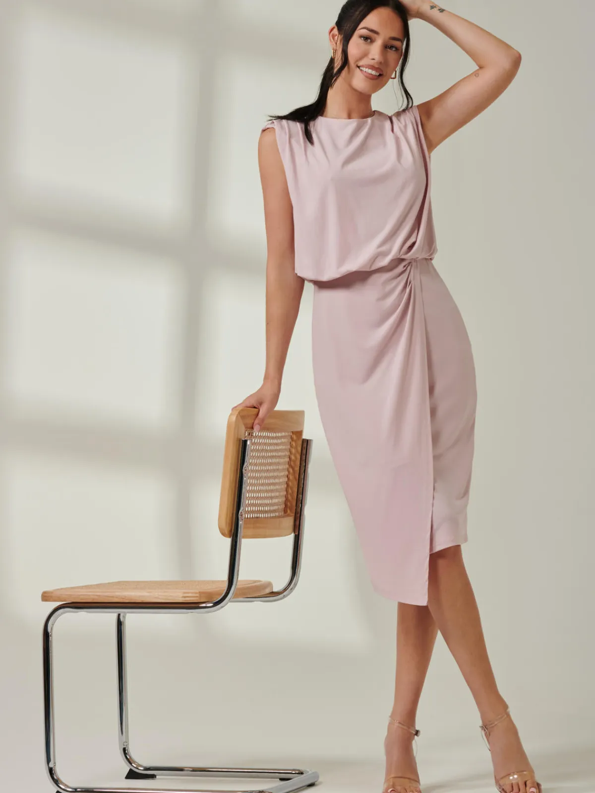 Jolie Moi Occasion Dresses|Sleeveless Dresses-Tiered Draped Pencil Dress, Light Pink