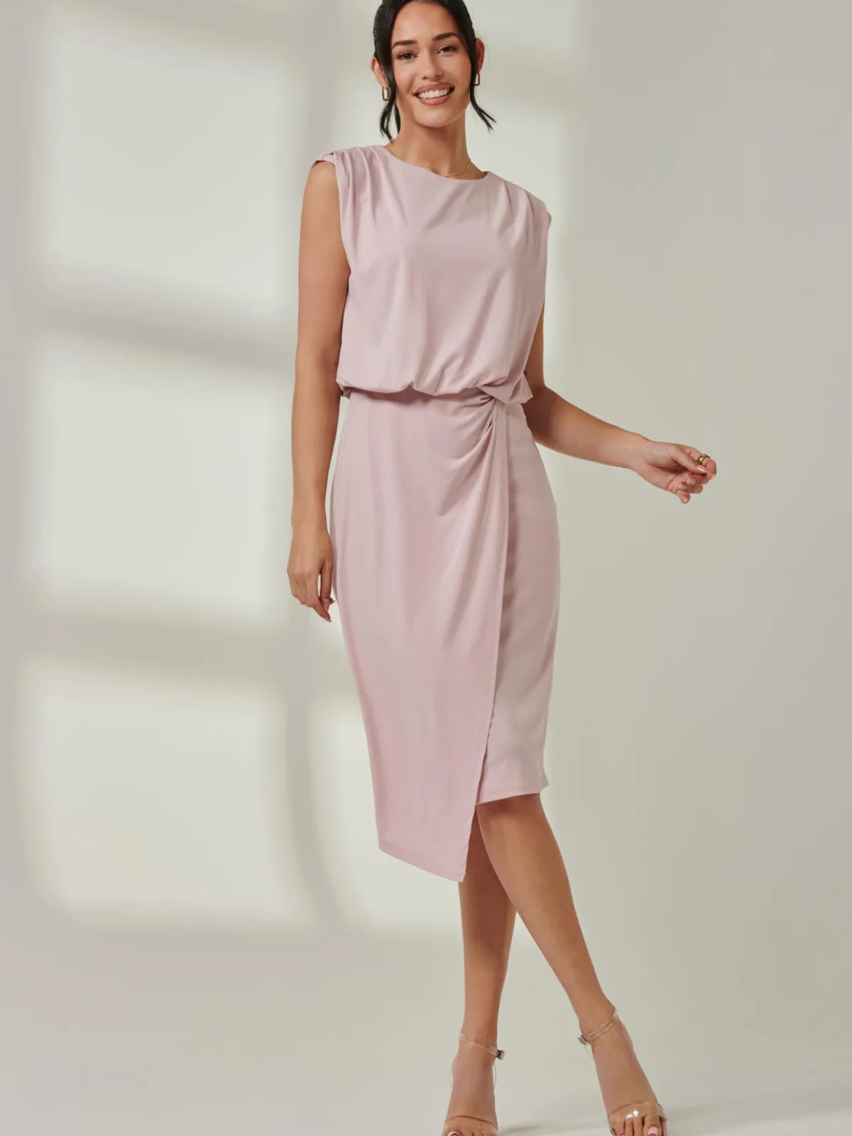 Jolie Moi Occasion Dresses|Sleeveless Dresses-Tiered Draped Pencil Dress, Light Pink