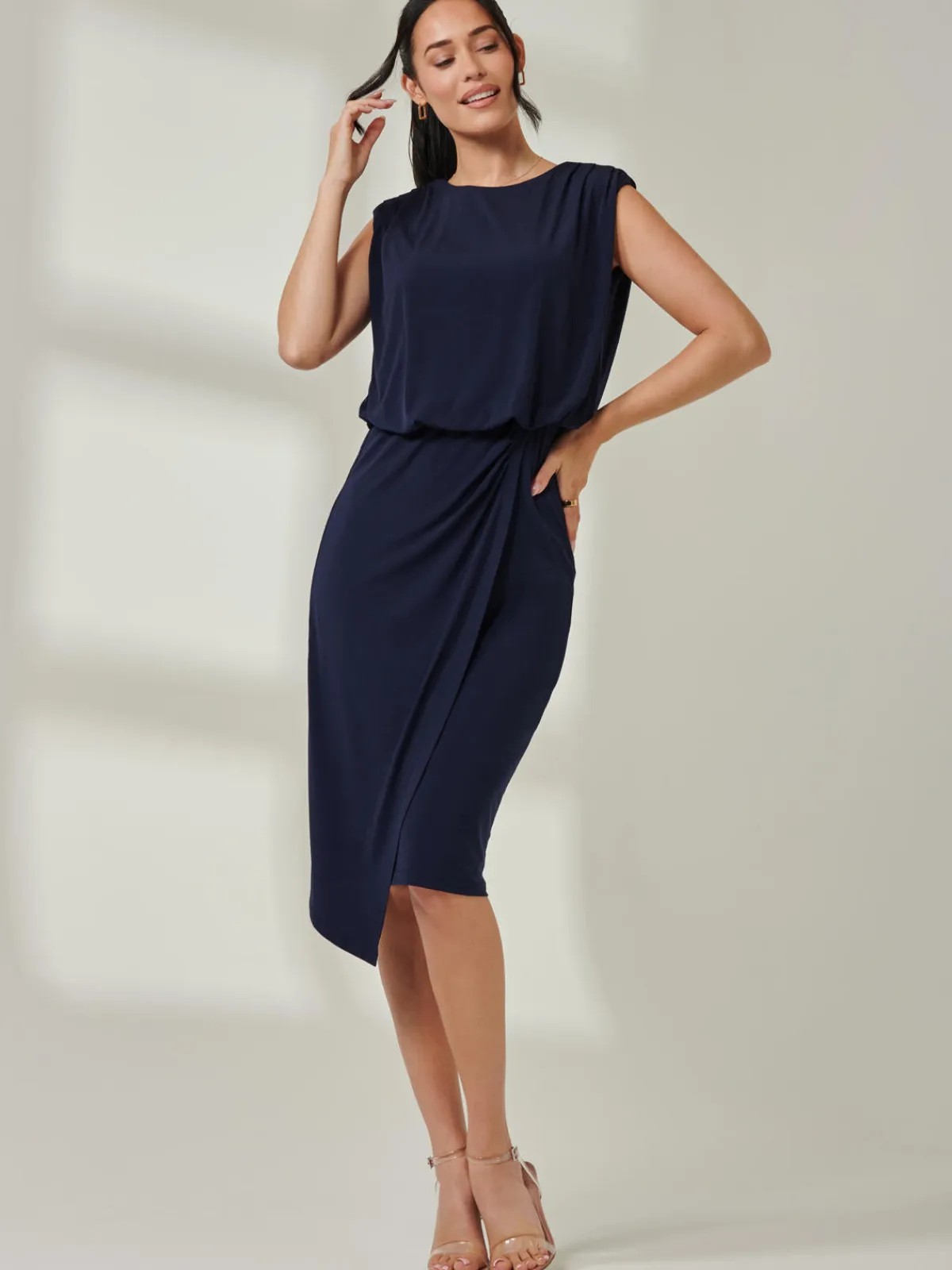 Jolie Moi Occasion Dresses|Office Dresses-Tiered Draped Pencil Dress, Navy