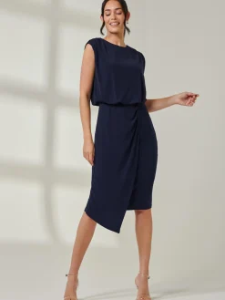 Jolie Moi Occasion Dresses|Office Dresses-Tiered Draped Pencil Dress, Navy