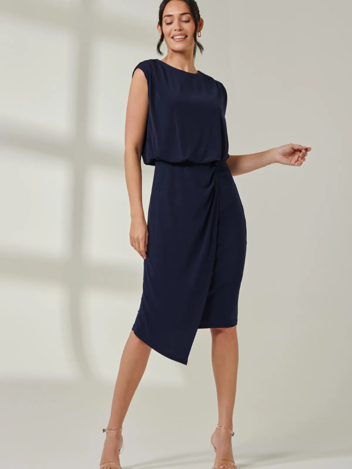 Jolie Moi Occasion Dresses|Office Dresses-Tiered Draped Pencil Dress, Navy