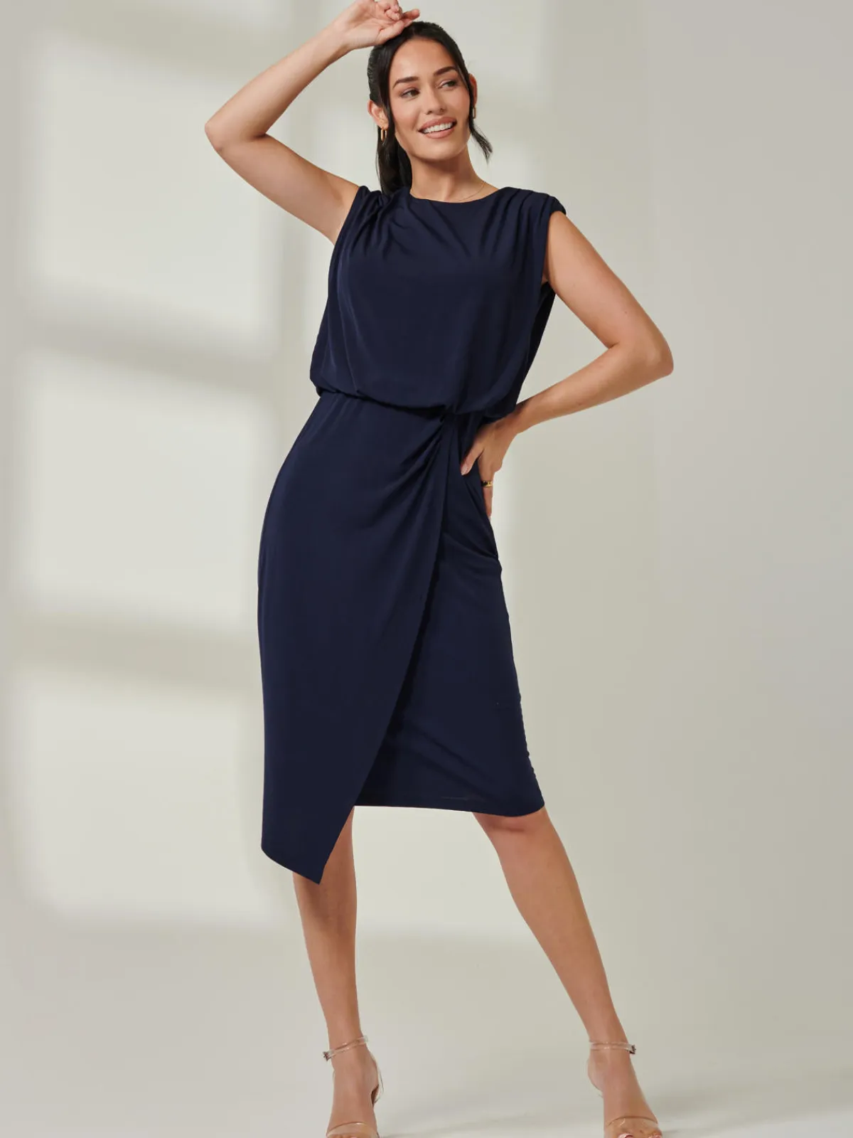 Jolie Moi Occasion Dresses|Office Dresses-Tiered Draped Pencil Dress, Navy