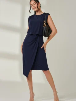 Jolie Moi Occasion Dresses|Office Dresses-Tiered Draped Pencil Dress, Navy
