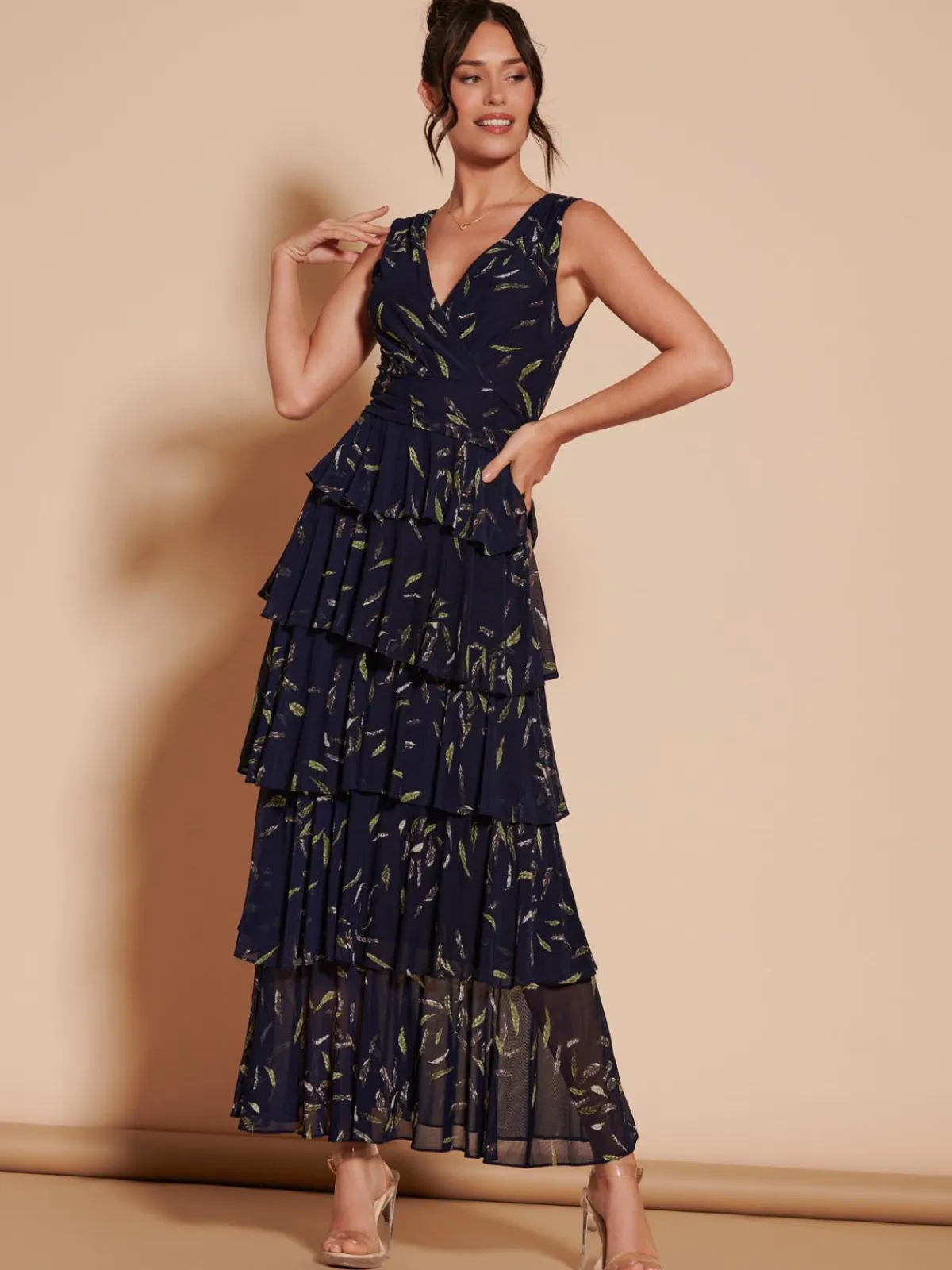 Jolie Moi Occasion Dresses|Floral Dresses-Tiered Hem Mesh Maxi Dress, Navy Multi