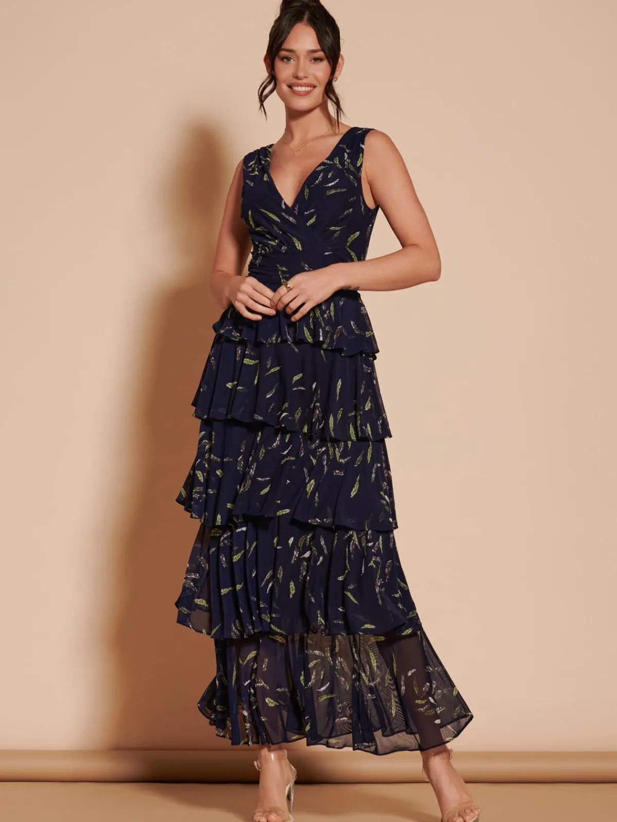 Jolie Moi Occasion Dresses|Floral Dresses-Tiered Hem Mesh Maxi Dress, Navy Multi