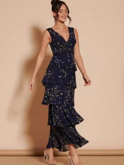 Jolie Moi Occasion Dresses|Floral Dresses-Tiered Hem Mesh Maxi Dress, Navy Multi