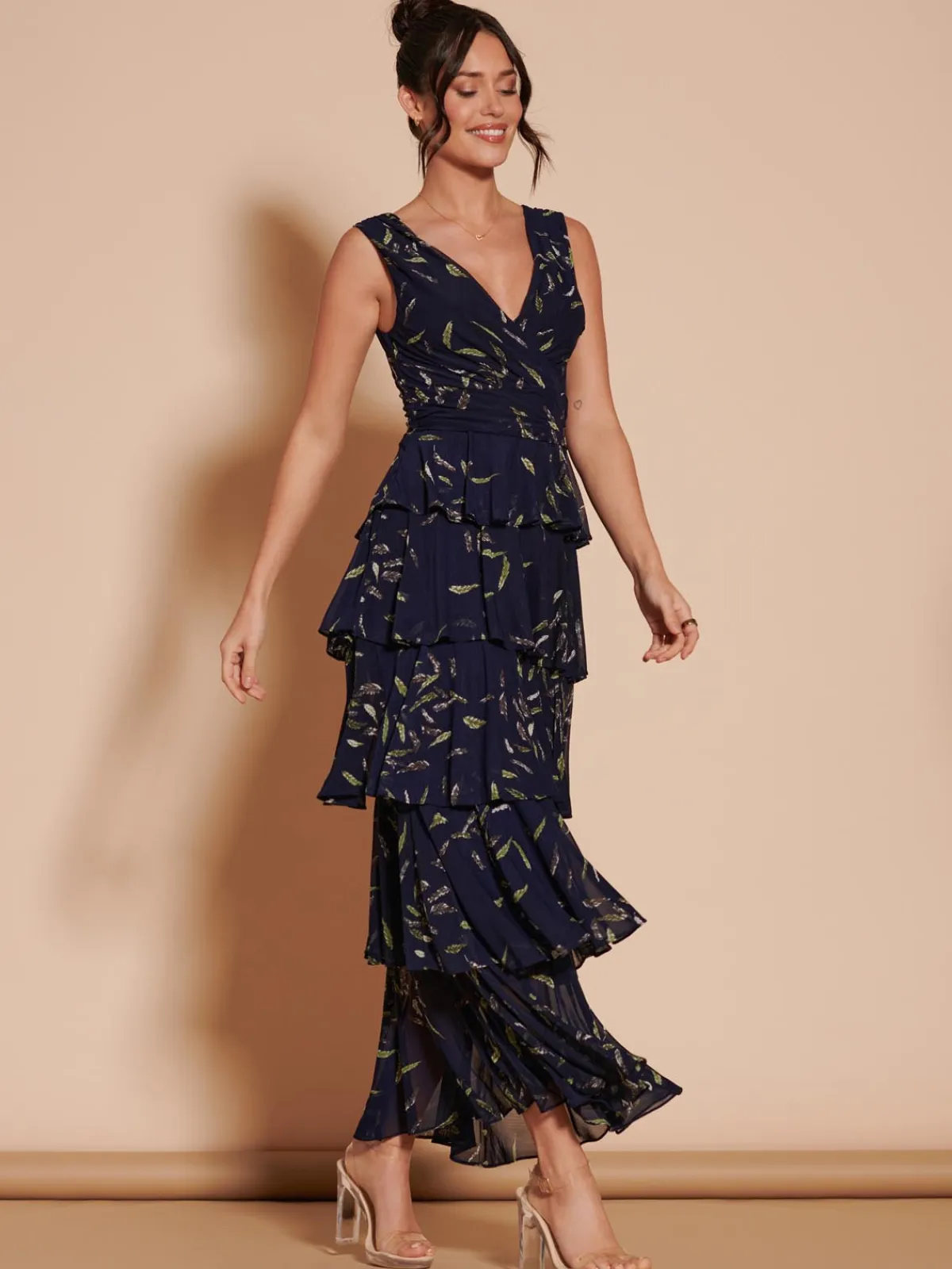 Jolie Moi Occasion Dresses|Floral Dresses-Tiered Hem Mesh Maxi Dress, Navy Multi