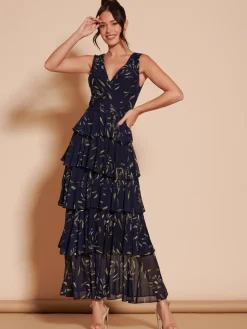 Jolie Moi Occasion Dresses|Floral Dresses-Tiered Hem Mesh Maxi Dress, Navy Multi
