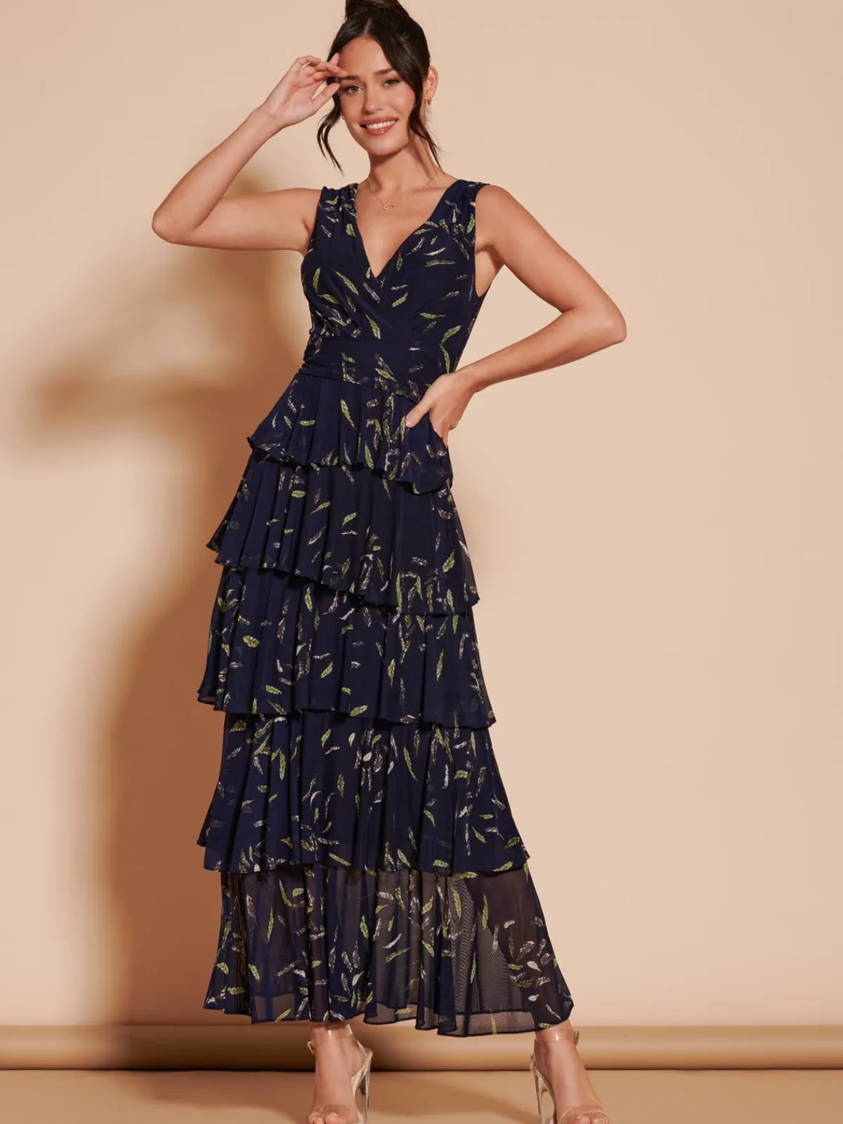 Jolie Moi Occasion Dresses|Floral Dresses-Tiered Hem Mesh Maxi Dress, Navy Multi