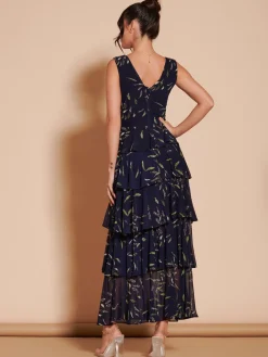 Jolie Moi Occasion Dresses|Floral Dresses-Tiered Hem Mesh Maxi Dress, Navy Multi