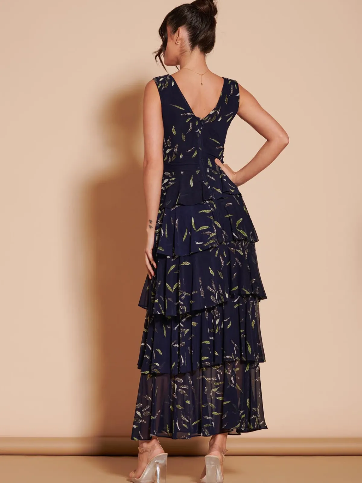 Jolie Moi Occasion Dresses|Floral Dresses-Tiered Hem Mesh Maxi Dress, Navy Multi